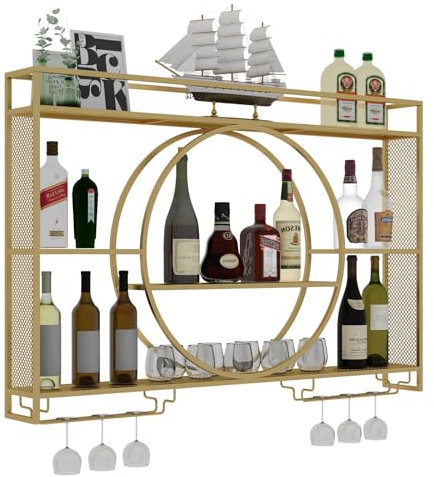 Scaffale per vino a parete, Mobile Portabottiglie Rotondo In Metallo, Portabottiglie Multifunzionale, Scaffale Per Bottiglie Di Vino In Stile Vintage, Con Porta Bicchiere Da Vino (Gold, 120cm)