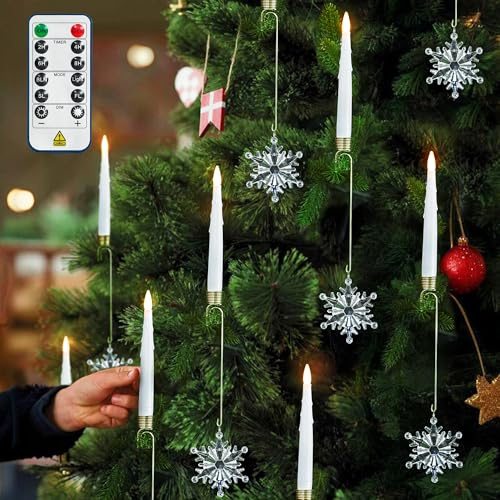 yunsheng 12 candele per albero di Natale con timer remoto, candele a LED senza fiamma, senza fiamma, tremolanti con gancio in metallo e fiocco di neve trasparente, decorazione natalizia per la casa e