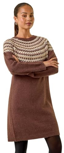 Roman Thick Jumper Dress for Women UK Ladies Fairisle Aztec Knitted Knit Sweater Knitwear Autumn Winter Holiday Round Neck Long Sleeve Soft Knee Length Sweat Warm Thick - Petite Chocolate - Size 12