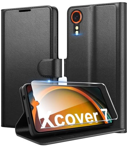 Eirltiy Cover per Samsung Galaxy Xcover 7 Portafoglio Pelle PU Premium, Custodia Scomparti Carte Antiurto Protettiva Case con 1 Vetro Temperato, Nero