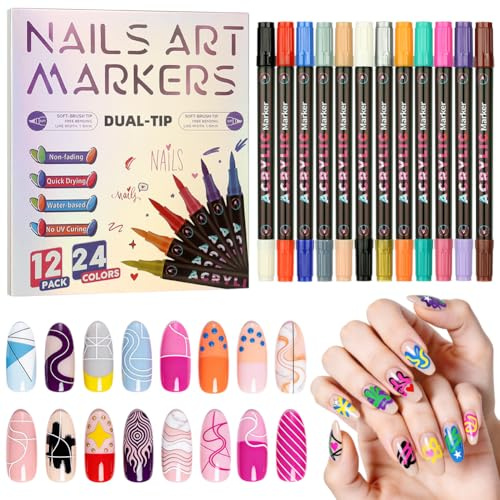 AOOWU 24 Farben 3D Nagellack Stift Set, Doppelköpfig Nail Art Marker, DIY Linie Nagelkunst Graffiti, Nagelspitze Nail Art Beauty Schmücken,Premium-Schnelltrocknungsformel, Splitterfest, für Nagelkunst
