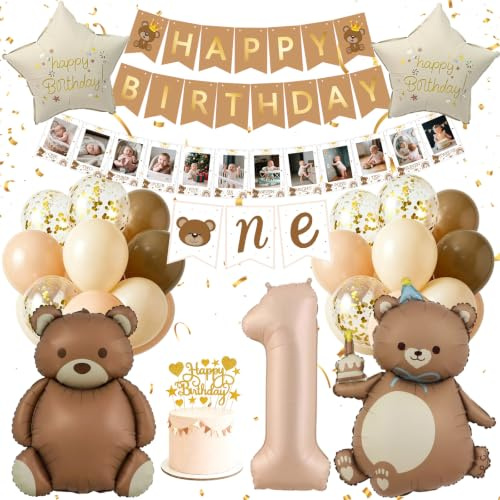 1. Geburtstag Deko Bär, Geburtstagsdeko für Mädchen Junge mit Luftballons | Deko Kindergeburtstag zum 1. Geburtstag mit Bär Deko Set mit Luftballons, Happy Birthday Banner für Mädchen und Junge