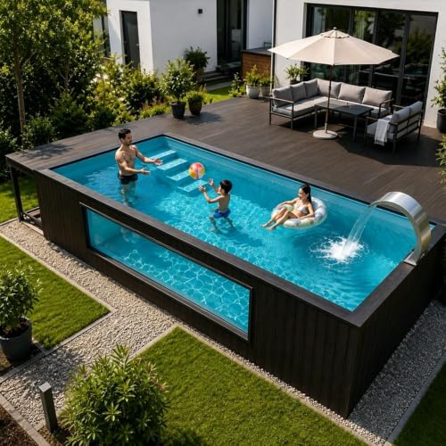 Villa Resort - Piscina prefabricada enfocada, carcasa interior de fibra de vidrio, vista completa, sección de spa, calentador de sección de spa, luces LED para patio escénico y zonas al aire libre