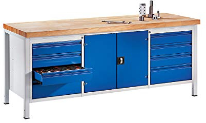 RAU | Werkbank | Gestellbauweise | 8 Schubladen Größe L | 1 Werkzeugschrank | Tiefe 700 mm | Breite 2000 mm