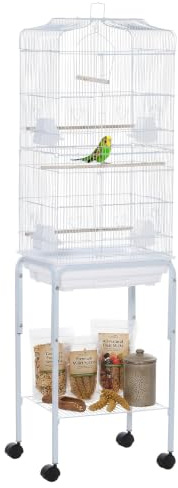 PawHut Bird Cage for Parakeet with Stand Wheels White 46.5 x 36 x 157 cm | Budgie Cages, for Finch Canary, Slide-out Tray, Accessories Storage Shelf