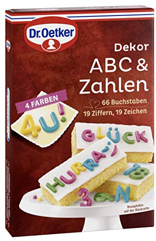 Dr. Oetker Dekor ABC & Zahlen, 58 g, essbare Tortendeko, 66 Buchstaben, Zahlen & Satzzeichen, zum Verzieren von Kuchen & Torten, auf Kakaobutter- und Milchpulverbasis