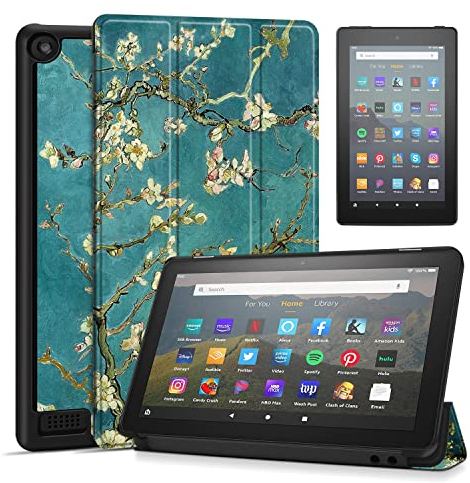 TNP Hülle für All-New Amazon Fire Tablet 7. Generation 2017, Schutzhülle Tasche für eReader 7 Display mit Auto Einschlafen/Aufwachen Funktion, Ultradünne Superleichte Hülle eBook, Mandelbaum in Blüte
