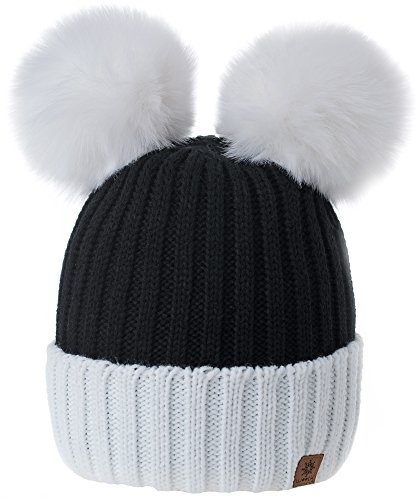 MFAZ Morefaz Ltd Damen Winter Beanie Strickmütze Mütze Doppelt Bommel Pom Pom Wurm SKI Mütze (White Black)