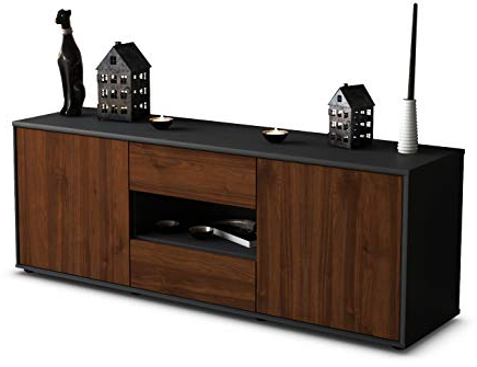 Stil.Zeit TV Schrank Lowboard Antonella, Korpus anthrazit matt, Front Holz Design Walnuss (135x49x35cm), Push to Open Technik & Leichtlaufschienen