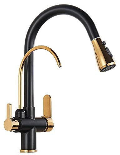 Saeuwtowy Grifo de Cocina 3 Vías Osmosis agua pura,Grifo Mezclador Cocina giratorio 360,Grifo Cocina Agua Frío y Calor disponibles Negro y Oro