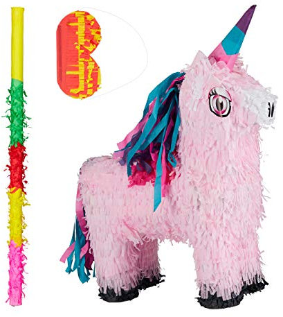 Relaxdays 3 TLG. Pinata Set Einhorn, mit Pinata Stab und Maske, Mädchen, Geburtstag, Unicorn Piñata zum selbst Befüllen, rosa-pink