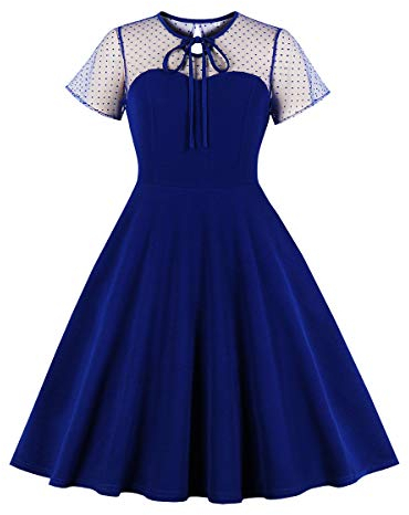 Wellwits Women's Polka Dots Embroidery Keyhole Tie Vintage Cocktail Dress Blue 2XL