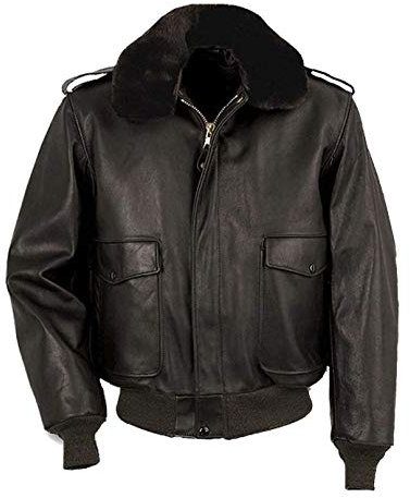 EU Fashions Aviator Navy G-1 Cockpit Flight Bomber Fur Collar Black Faux Leather Jacket