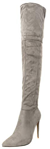LUXMAX Donna Stivali Alti sopra Il Ginocchio Tacco a Spillo Alto Scarpe a Punta Eleganti con Cerniera (Grigio) - 39 EU