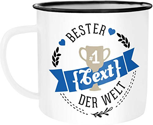 Moonworks® Emaille Tasse Becher Bester Papa, Mama, Oma, Opa etc Kaffeetasse Dein Text Blau weiß-schwarz Emailletasse