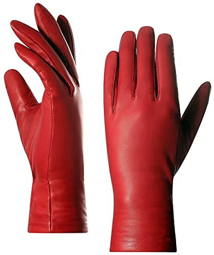 Harssidanzar Damen Lederhandschuhe,Damen Italienische Lammfell Lederhandschuhe Kaschmir Gefüttert,Rot, L