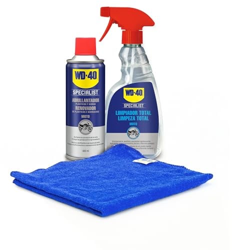WD-40 Specialist Motorbike - Set per moto pulito e lucido con detergente Total 500 ml + lucidante in silicone 400 ml, confezione da 2 pezzi con panno originale WD-40