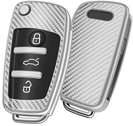 OATSBASF Autoschlüssel Hülle Geeignet für Audi,Schlüsselhülle Cover für A1 A3 A4 A6 Q3 Q5 Q7 S3 R8 TT Seat 3-Tasten Schlüsselbox (Silber)