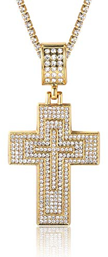 Goldkette mit Kreuz Herren Iced Out,18 Karat Echt Vergoldet Kreuz Anhänger Halskette,Volle Cz Labordiamants Zinken-Set,mit Baby-Tennis-Kette 50cm,KOSTENLOSE Geschenkbox