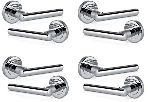 XFORT 4 Pack Door Handle on Rose, Liberty Lever Door Handles in Polished Chrome Finish, Internal Lever Handle, Internal Door Handles with a Standard Latch, Mortice or Bathroom Lock.