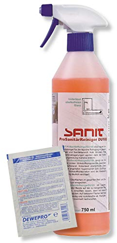 DEWEPRO Set: SANIT ProSanitärReiniger DU100 (3025) - Flasche à 750ml - Badreiniger - hervorragende Kalklöser mit Abperleffekt inkl. 1 St. DEWEPRO® Single Scrubs