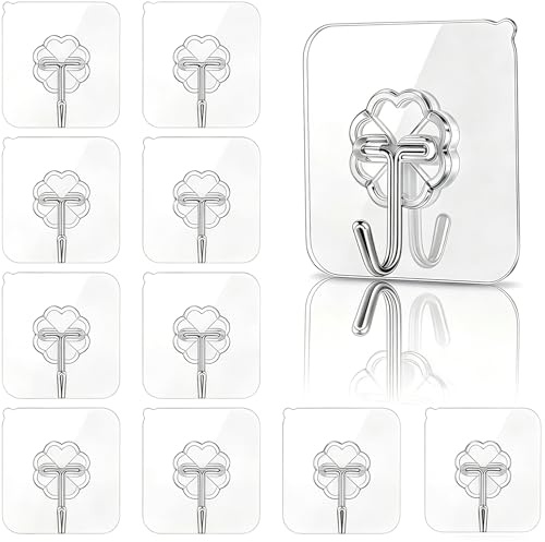 Charfia Selbstklebende Klebehaken, 10 Stück Transparent Haken Selbstklebend Wandhaken Selbstklebend Ohne Bohren für Küche Bad Wand & Decke Aufhänger