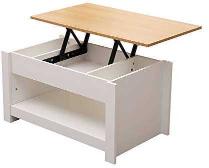 Kingwudo®Modern Lift Top up Coffee/Tea/Sofa Table with Blttom Storage Shelf Living Room Furniture Black/Grey (White+Oak—Style 3)