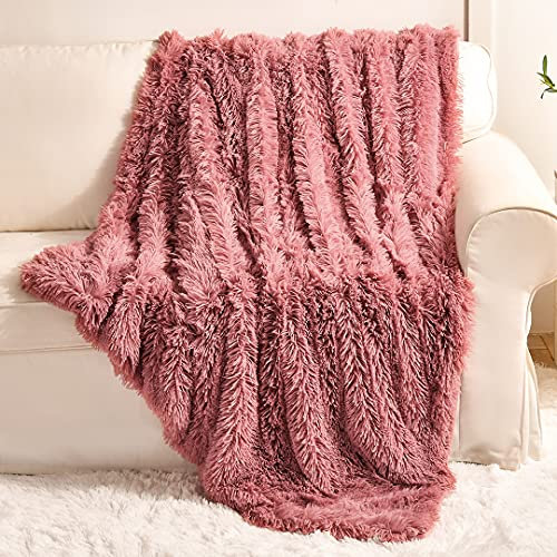 Super weiche Plüsch-Kunstfell-Decke, 127x152.4 cm, flauschig, gemütlich, warm, Sherpa-Fleece, Dicke, leichte Decke für Bett, Stuhl, Sofa, Couch, Schlafzimmer (Rosa, Überwurf 127x152.4 cm)