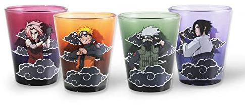 Just Funky Official Naruto Shippuden Collectible Mini Drinking Decorative Tequila Shot Glasses Gift Set of 4, 2 Oz Glass