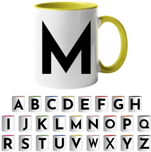 Design Letters Coffee Cup - Available in A-Z | Initial Mug with Alphabet | Ceramic Coffee Mugs for Women, Men | Letter M Mug | Yellow