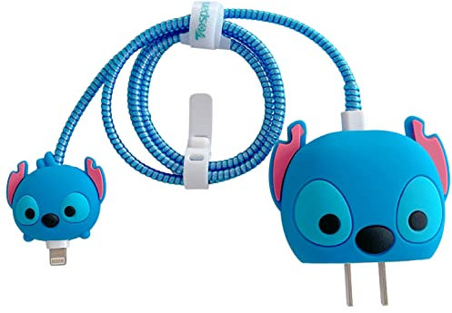 3D Cute Cartoon Charger Protector Case - Compatible for Apple 20W USB-C Power Adapter and Lightning Cable (Blue Lion Stitch)