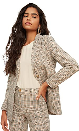 TRENDYOL Damen Trendyol Women's Regular Standard Plaid Woven Blazer Coat, Beige, 36 EU