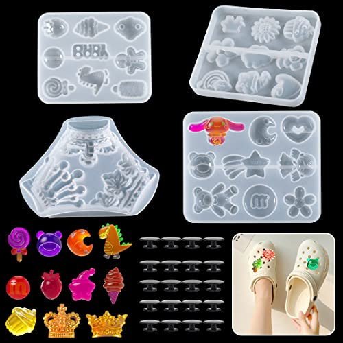 Zayookey 4pcs Shoe Charms Molds Resin Casting Cartoon Silicone Mould with 20 Buckles Small Flower Epoxy Mold for Clogs Sandals Scrapbooking DIY Phone Case Refrigerator Magnets (Resin Molds)