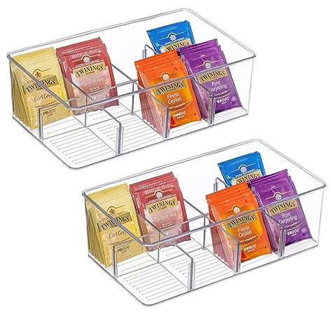 YAYODS Set of 2 Tea Box Organiser, Plastic Clear Teabag Storage Box with 4 Divided Compartments, Tea Packet Bag Holder for Sugar Packets, Coffee Pods, Spices