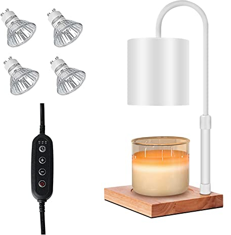 Candle Warmer Lamp, Electric Candle Warmer with 2H/4H/8H Timer Dimmable Height Adjustable Compatible with Jar Candles, Candle Melter for Scented Candles, Safety Night Lamp(4 Bulbs, White)