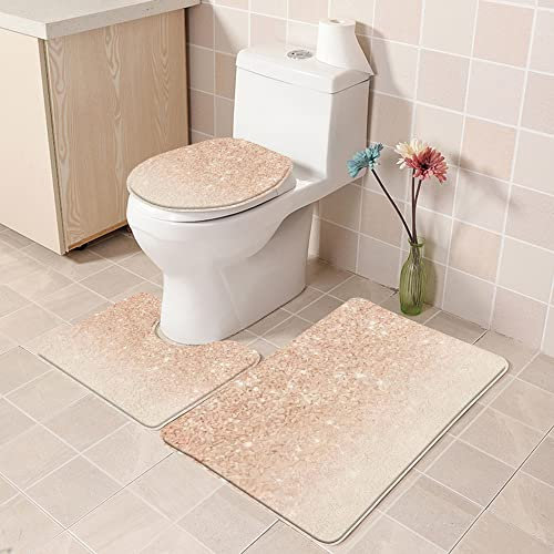 Bath Mat Bathroom Mat Set 3 Pieces,Rose Gold Faux Glitter,Rug Toilet Seat Lid Cover Non Slip Mat Extra Soft and Absorbent