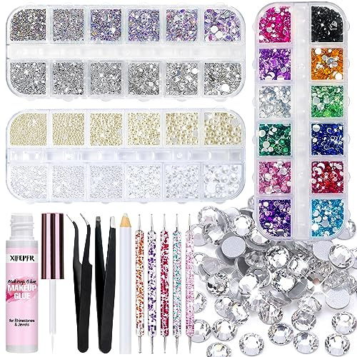 XIFEPFR 7159pcs visage gemme yeux bijoux avec colle de maquillage, strass de couleur à dos plat, perles blanches et beiges avec pinces, pour le maquillage du visage, manucure