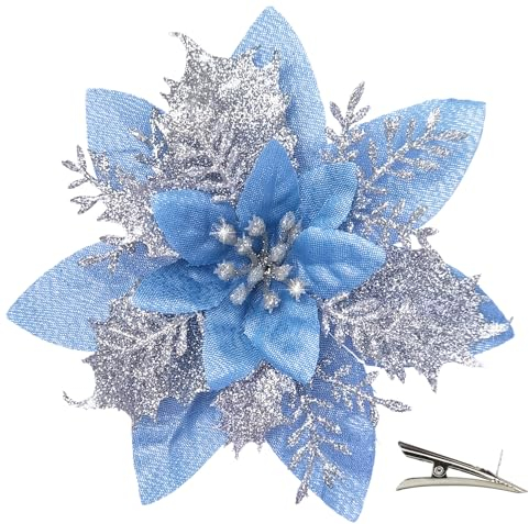 MIKAILE 20 Stück Weihnachten Glitzer Weihnachtsstern Blumen mit Clips, Poinsettia Weihnachtsblume Glitzernde für Weihnachtsbaum Dekorationen (Silber Blau)