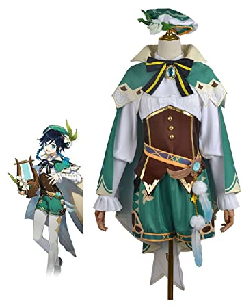 GenshinImpact Venti Cosplay Outfits Damen Kleid Umhang Umhang Anzug Hut Komplettset Halloween Kostüm,Green-M