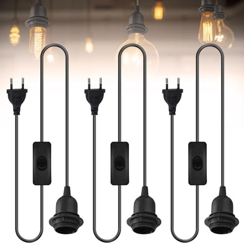 Lot de 3 douilles E27 avec câble et interrupteur, douille E27 avec câble de 1,8 m, anneau à vis, socle de lampe avec prise pour suspension de lampe, chambre à coucher, salle à manger