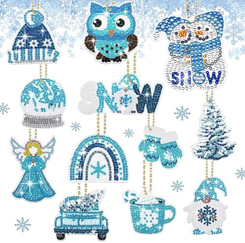 QUANMAITONG 12 Stück Diamond Painting Weihnachten, Bastelset Doppelseitige Kinder Anhänger Schneeflocken Schlüsselanhänger, Eule Diamant Malerei Kit