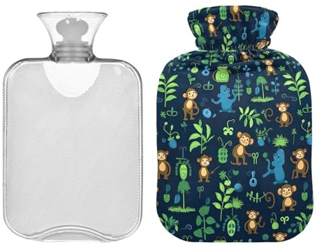 Wärmflasche mit weichem Bezug, niedliche Affen mit grünen Blättern, wiederverwendbare Wärmflasche, tragbare Wärmflasche zur Schmerzlinderung, Wärme- und Kältetherapie, 1 Liter