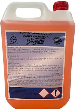 Ambientador Líquido Canela-Naranja • Ambientador Hogar Duradero • Aroma Agradable para Hogar y Establecimientos • Garrafa de 5 Litros Industrial