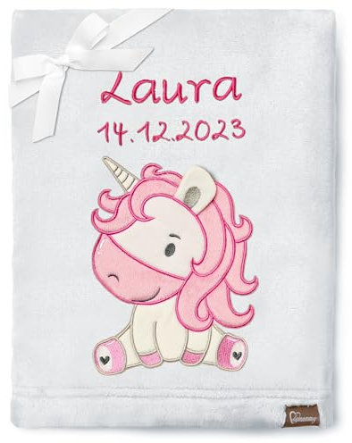 Be Mammy Personalisierte Babydecke mit 3D Applikation Warme Kuscheldecke mit Namen und Geburtsdatum; Perfektes Baby Geschenk; Blanket; Krabbeldecke BE20-280 (Hellgrau - Einhorn)