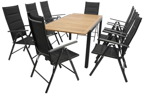 DEGAMO Gartengarnitur Milos 9-teilig, 8X Hochlehner Klappsessel anthrazit und 1x Ausziehtisch Aluminium mit Holzplatte Akazie 150/200x90cm, Outdoor
