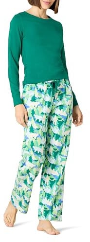 Amazon Essentials Women's Lightweight Flannel Trouser and Long-Sleeve T-Shirt Sleep Set, Emerald Green/Ivory Holiday Bear Camo, XS