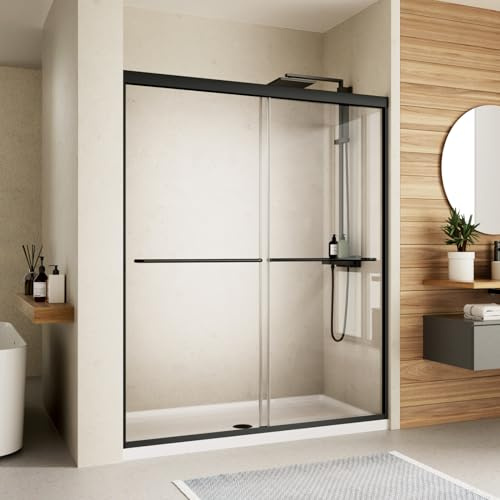 Porta doccia scorrevole, Royal Guard 50-54 W x 70 H semi-Frameless doppia scorrevole in vetro doccia con vetro temperato SGCC trasparente da 6 mm, box doccia bypass, nero opaco