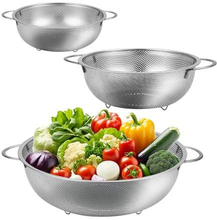 Küchensieb 3 Stück, Reis Waschschüssel 3 Stück OD Gesamtlänge(24cm/27.5cm/34cm) Küchensieb Edelstahl, Sieb Küche geeignet zum Spülen von Obst und Gemüse, Nudelsieb Edelstahl, Spülmaschinenfest