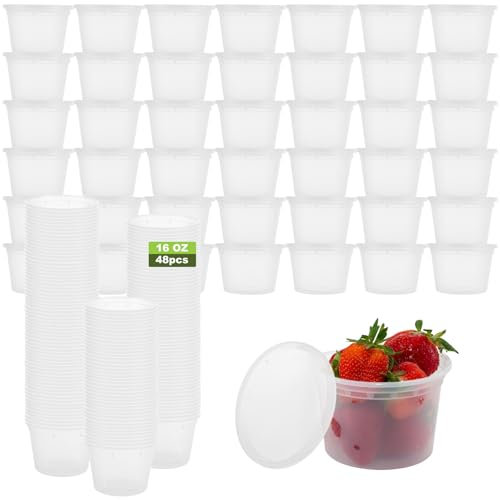 LOPYXBR 48PCS Deli Containers with Lids 16OZ / 500ML Round Food Containers with Lids Reusable Soup Freezer Container with Lid Take-away Plastic Container Tubs with Lid for Dip Soup Condiment