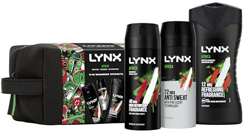 Lynx Africa THE TRIFECTA 48H Protection Body Spray 150ml, 12H Refreshing Body Wash 225ml and 72H Protection Anti Perspirant 150ml 3 Pieces Gift Set for Him with Washbag